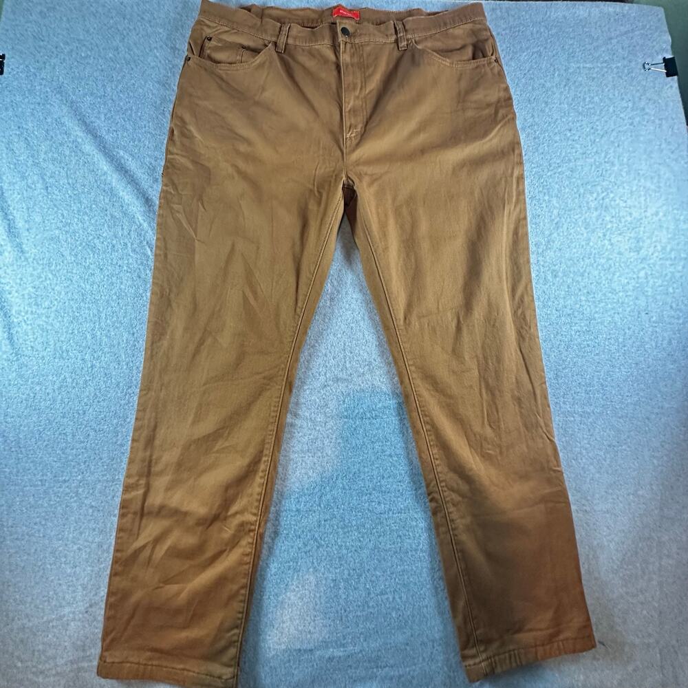 St John's Bay Mens Tan Canvas Plaid Flannel Lined Pants Straight Leg Stretch